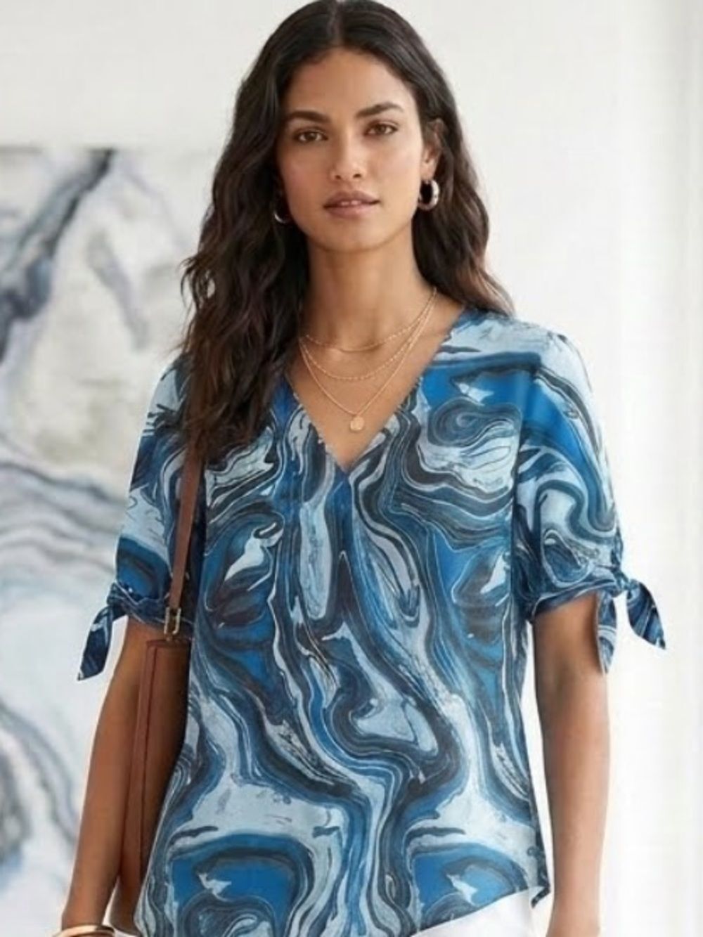 Michael Kors Swirl Wrap Top Blouse V-Neck Rave Water Print Oasis Large Stretch